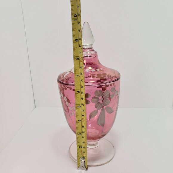Cranberry Style Glass Lidded Candy Jar with White Hand-Painted Detail - Picture 5 of 9